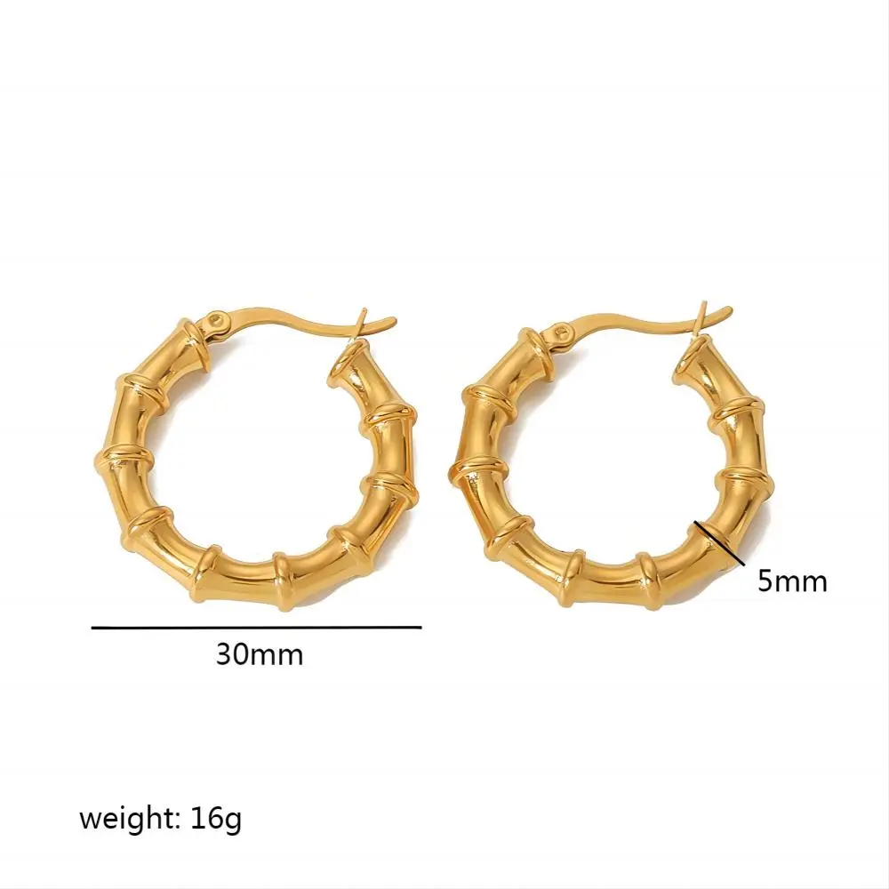 1 Pair Simple Fashion Style Bamboo-knot Shape Stainless Steel 18K Gold Plated Women's Hoop Earrings h5 Picture2